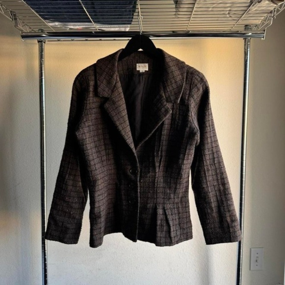 Vintage Womens Y2K Made‎ In USA Brown Plaide Button Up Fuzzy Blazer Jacket